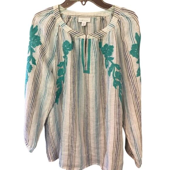 J. Jill 100% Linen StripedBlouse Top 3/4 Sleeves w/ Embroidery Size Small Petite - Picture 4 of 9